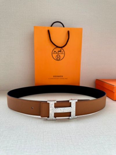 1:1  Hermes Khaki &Black Leather Belt with Silver 'H' buckle Carved Buckle 3.8cm